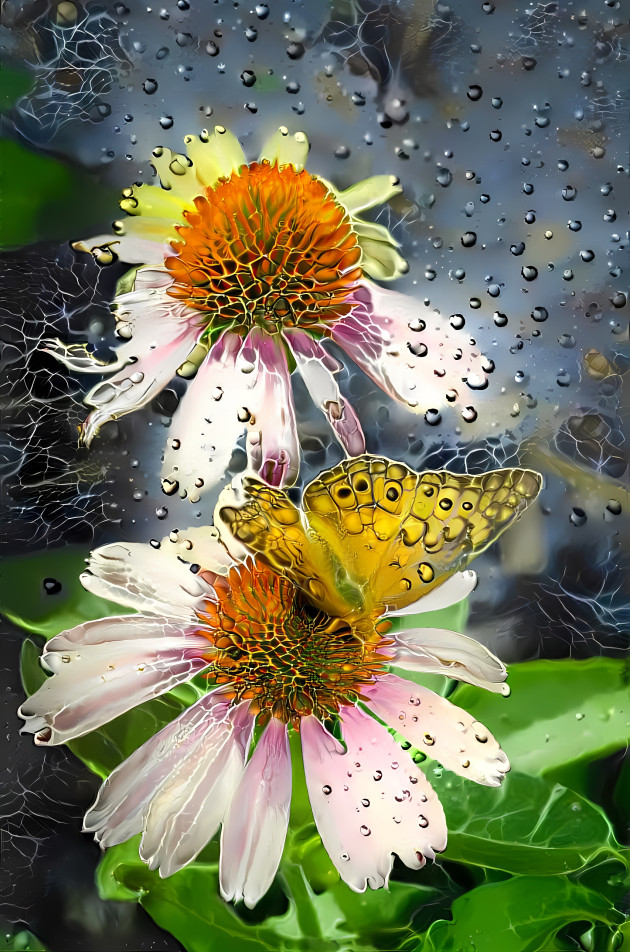 Butterfly and Flowers in the rain