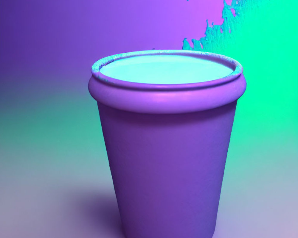Purple paper cup on purple and green gradient background with liquid splash.