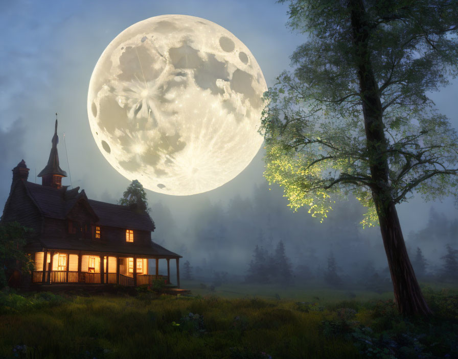 Detailed moon over cozy house in misty twilight