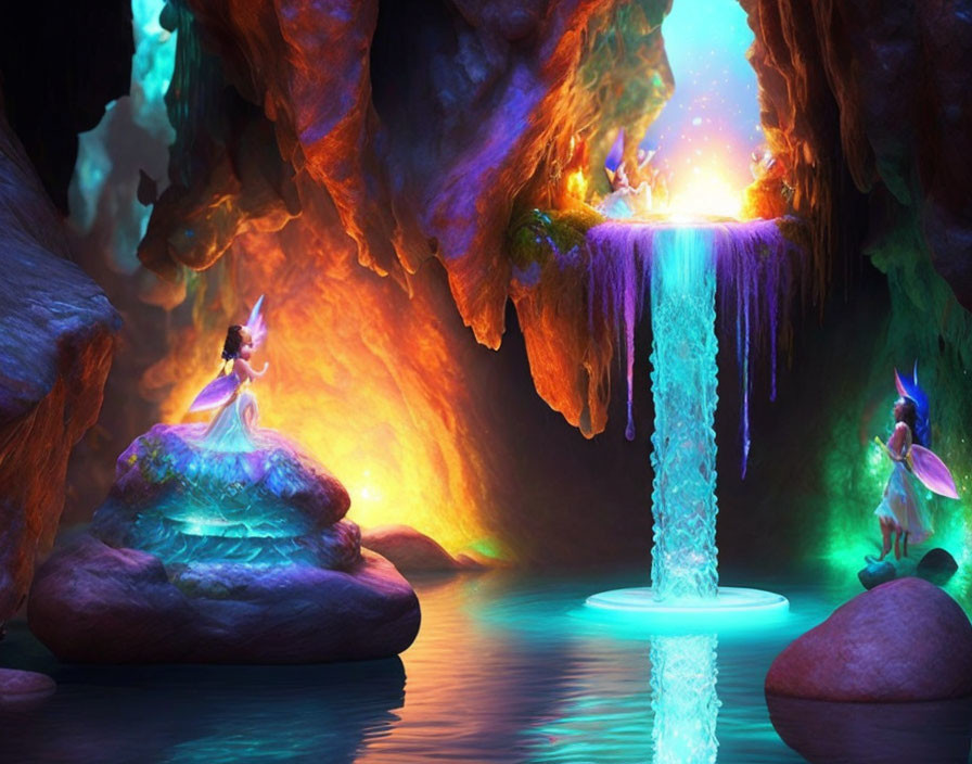 Glowing-winged fairies in enchanted cave with magical fountain