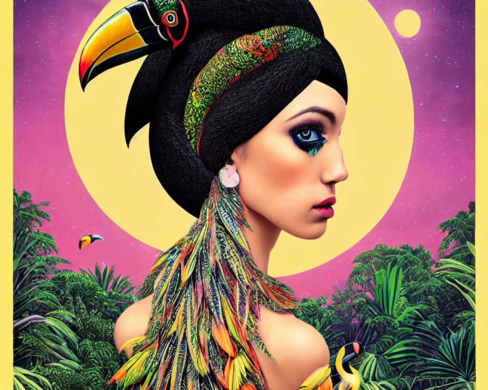 Vibrant artwork of woman with toucan, tropical setting