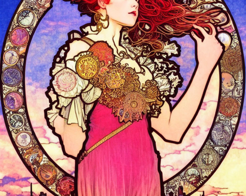 Art Nouveau Woman Illustration with Red Hair in Circular Frame