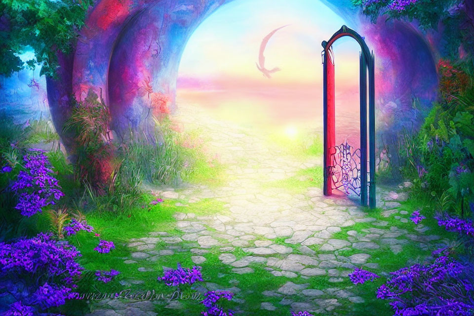 Fantasy landscape with cobblestone path, archway, flowers, door, and colorful sky