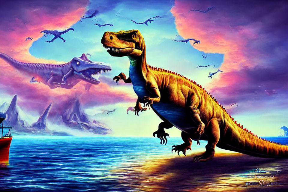 Colorful dinosaur scene with mountains, boat, and flying reptiles