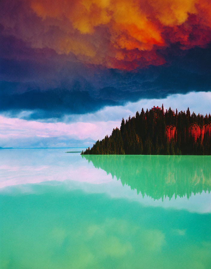 Fiery sky reflected in turquoise lake with dark tree silhouette