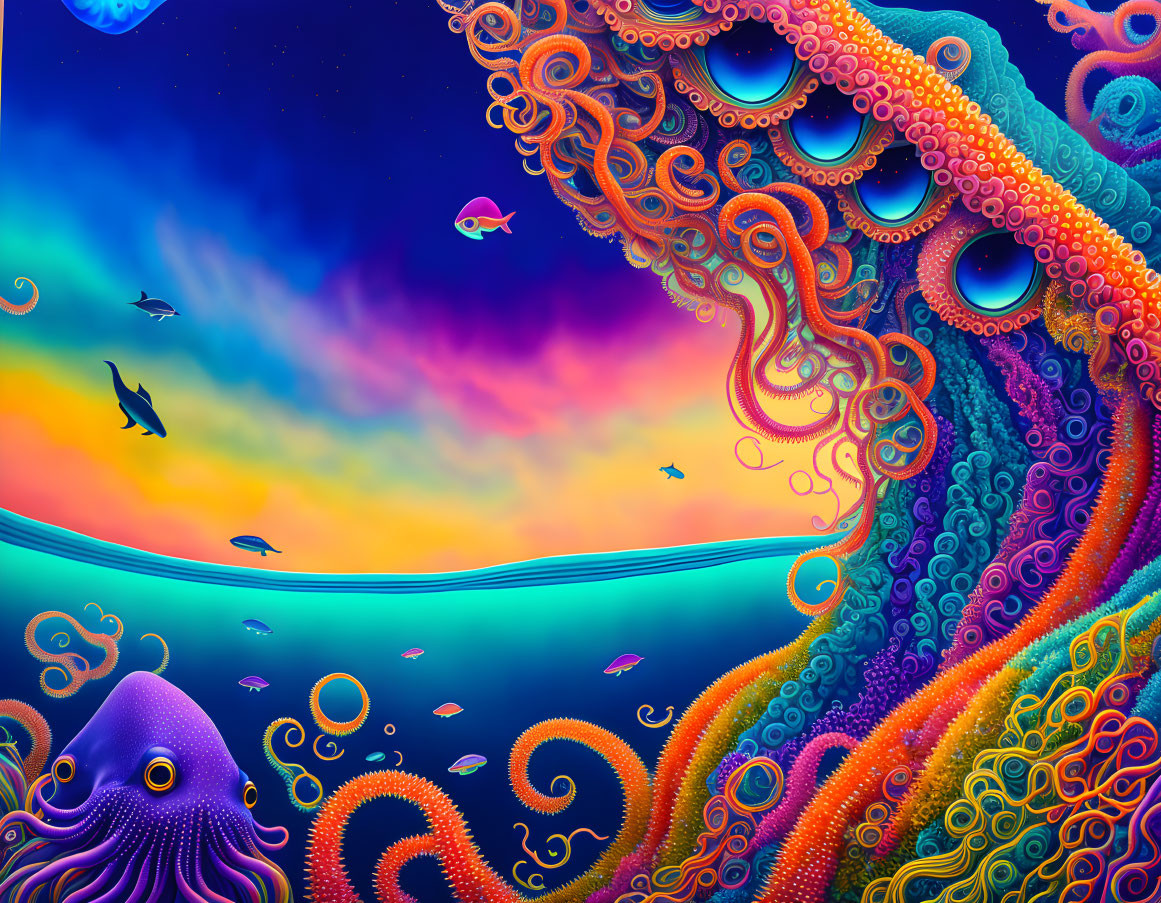 Colorful Underwater Scene with Stylized Octopus & Marine Life Against Sunset Sky