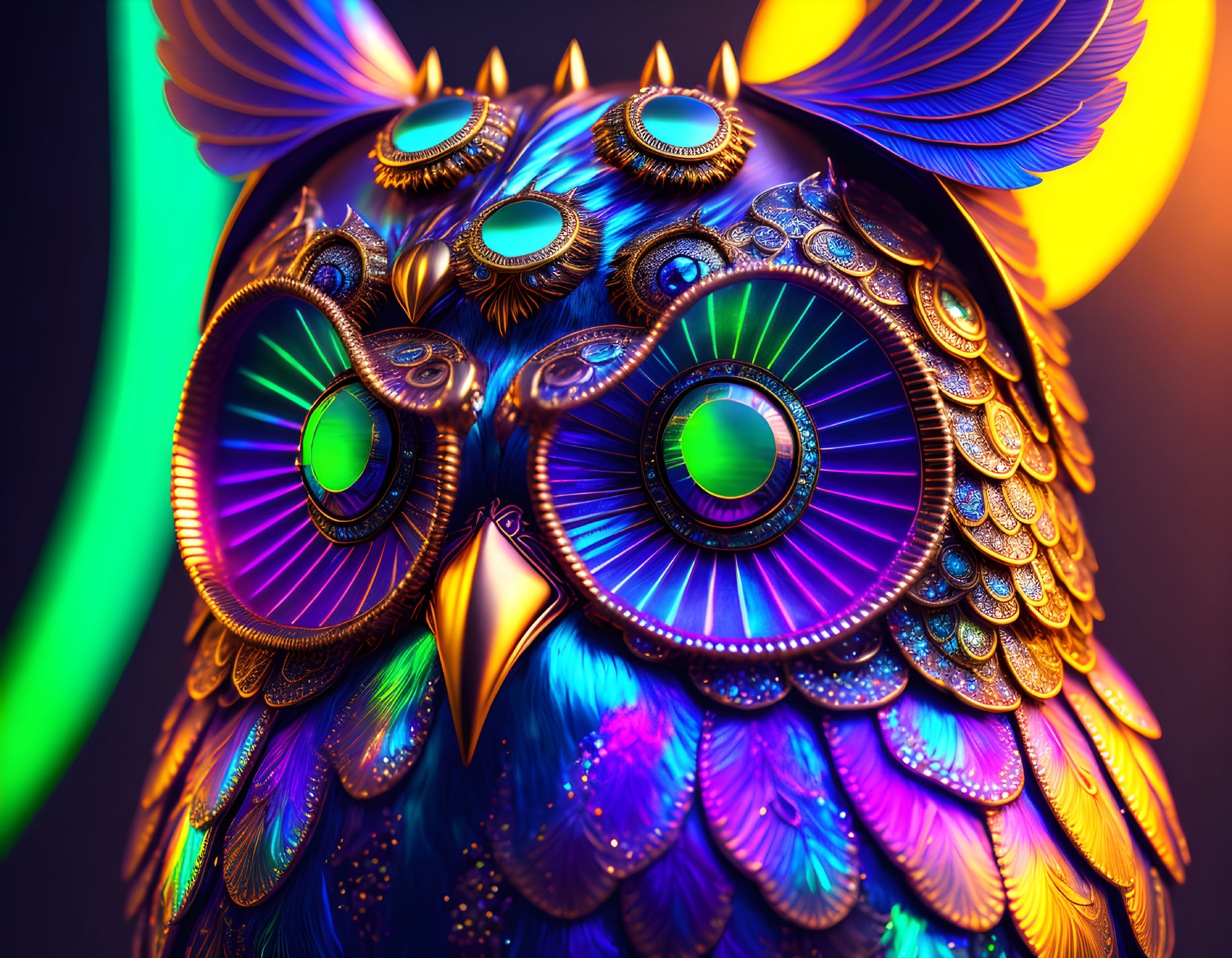 Colorful Owl Art: Intricate patterns and rainbow feathers on dark background