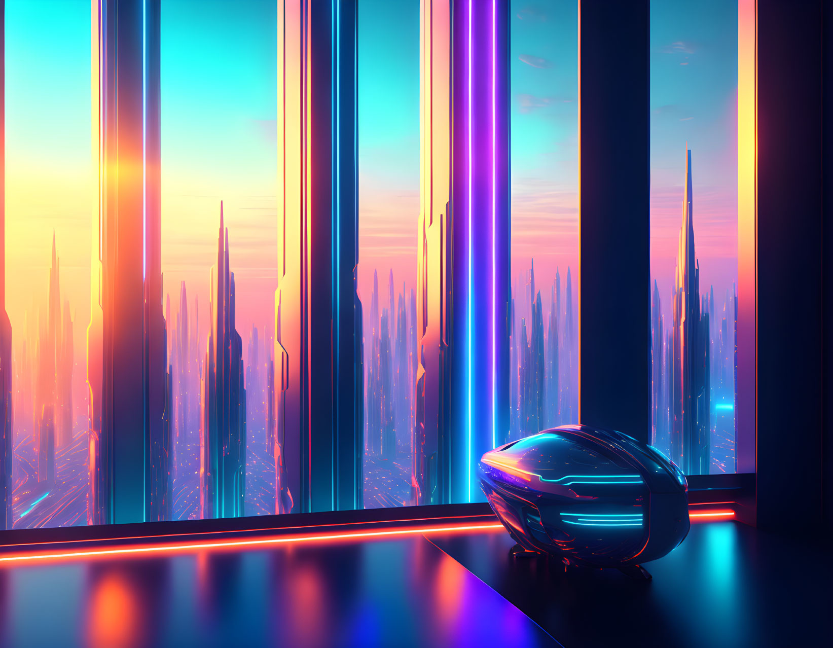 Futuristic neon cityscape with high-rise buildings and reflective orb at sunset