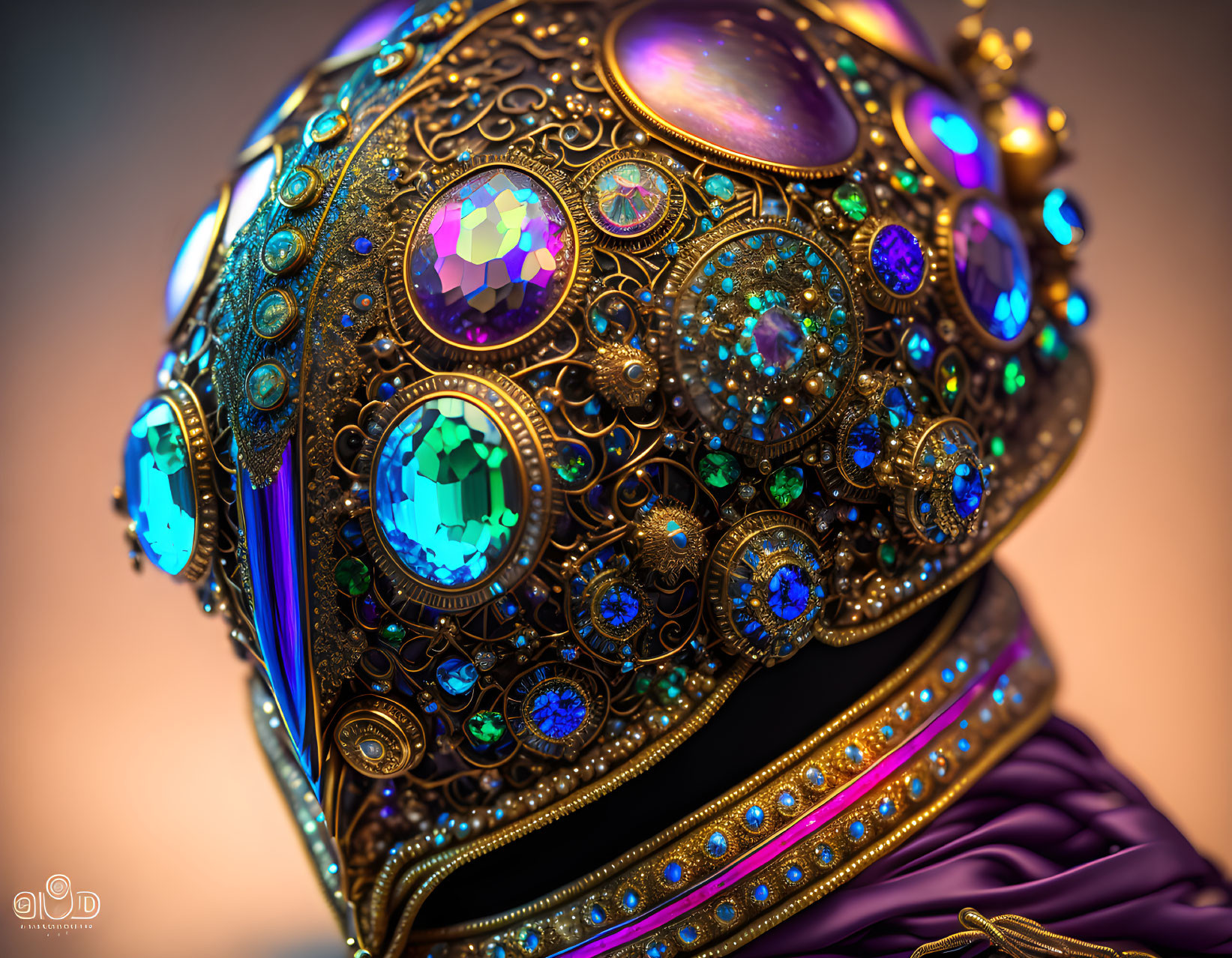 Golden Helmet with Colorful Gemstones and Intricate Designs
