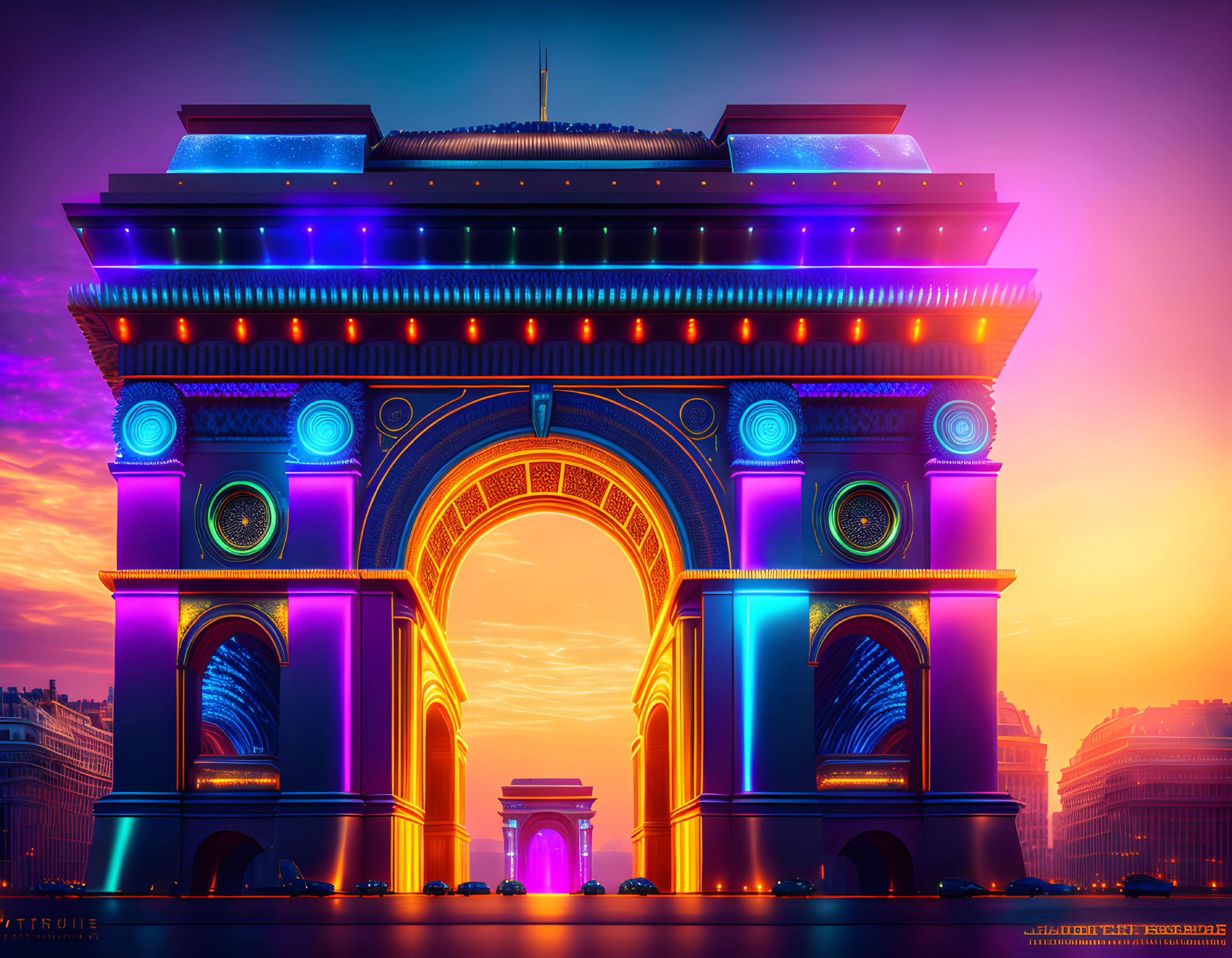 Vibrant digital artwork: Arc de Triomphe with neon lighting in futuristic Paris.