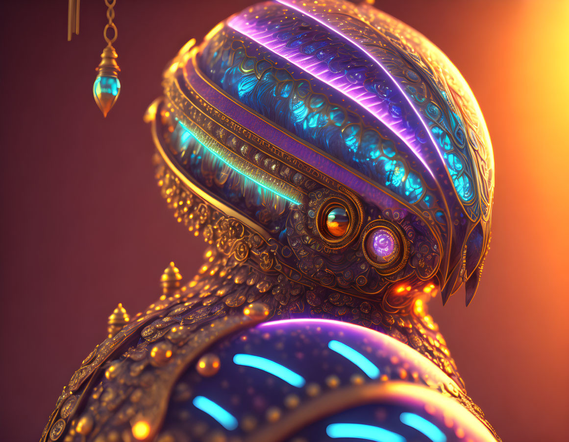 Intricate Gold and Blue Patterns on Robotic Head with Illuminated Lines