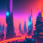 Futuristic neon-lit cityscape with towering skyscrapers at night
