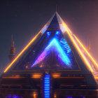 Futuristic pyramid structure under starry sky with glowing edges