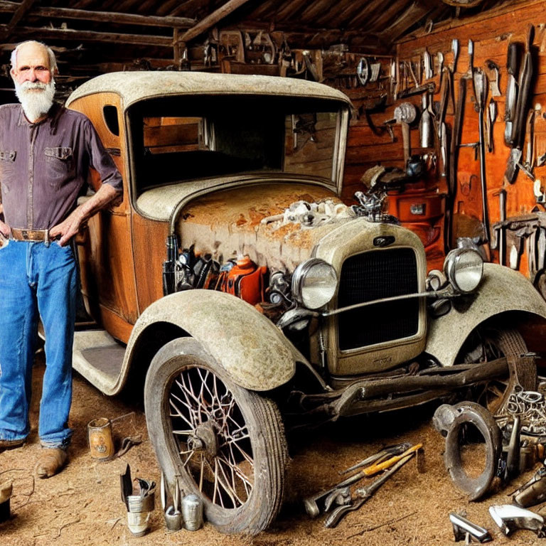 Elderly man with beard next to vintage car in workshop full of tools