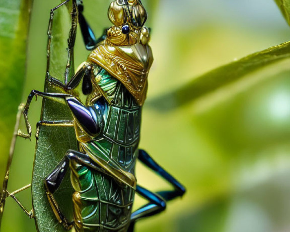 Metallic Green and Gold Beetle on Vertical Leaf with Soft-Focus Green Background