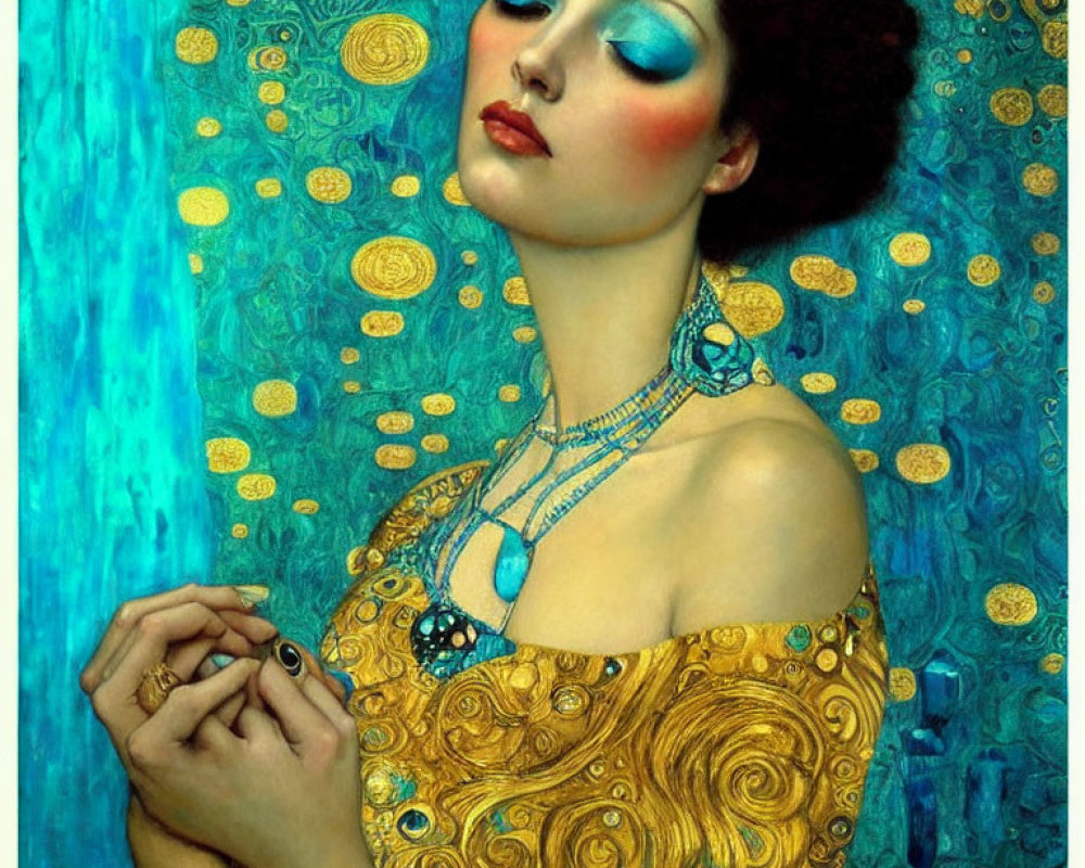 Vibrant stylized portrait of a woman with blue eyeshadow and gold-patterned attire on