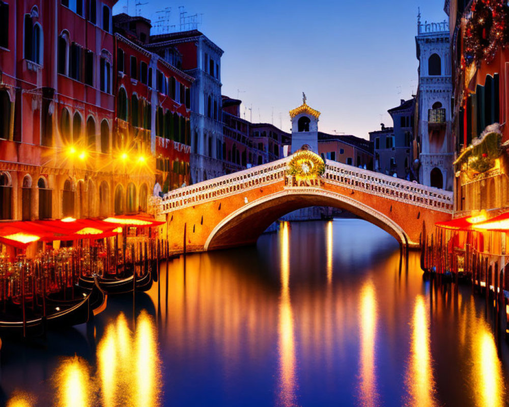 Serene Venetian canal at twilight with ornate bridge and colorful buildings