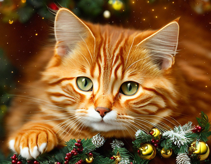 Orange Tabby Cat with Green Eyes Among Christmas Decorations and Tree