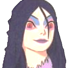Female character with purple eyes, black hair, pale skin, and striking makeup.