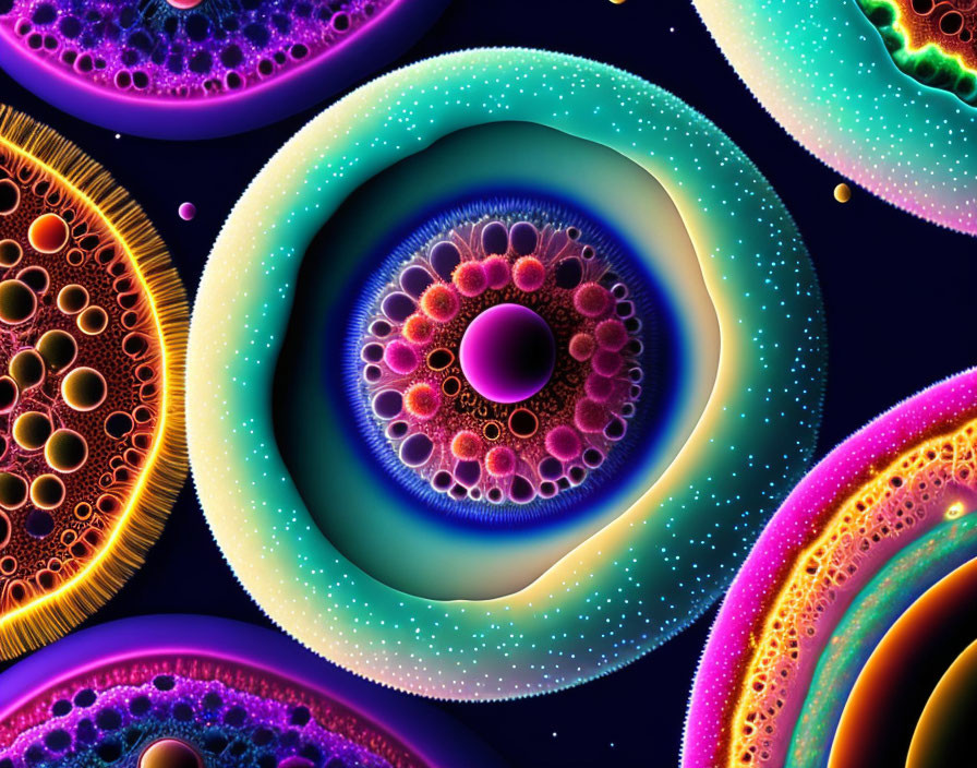 Colorful Abstract Circular Fractal Patterns on Dark Background