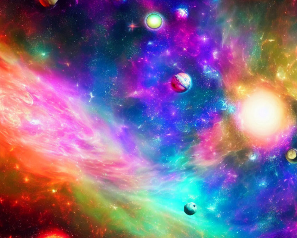 Colorful Nebulae and Planets in Star-Filled Cosmic Scene