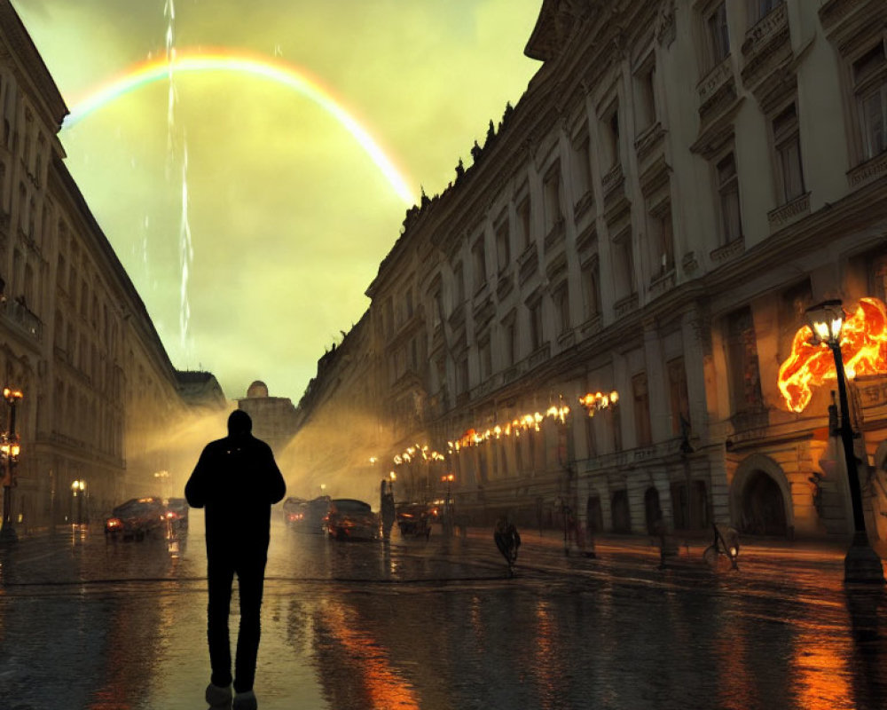 Silhouette of person on wet street with parked cars, streetlights, fiery figure, and rainbow under