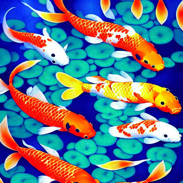 Vibrant Koi Fish and Green Lily Pads in Blue Water