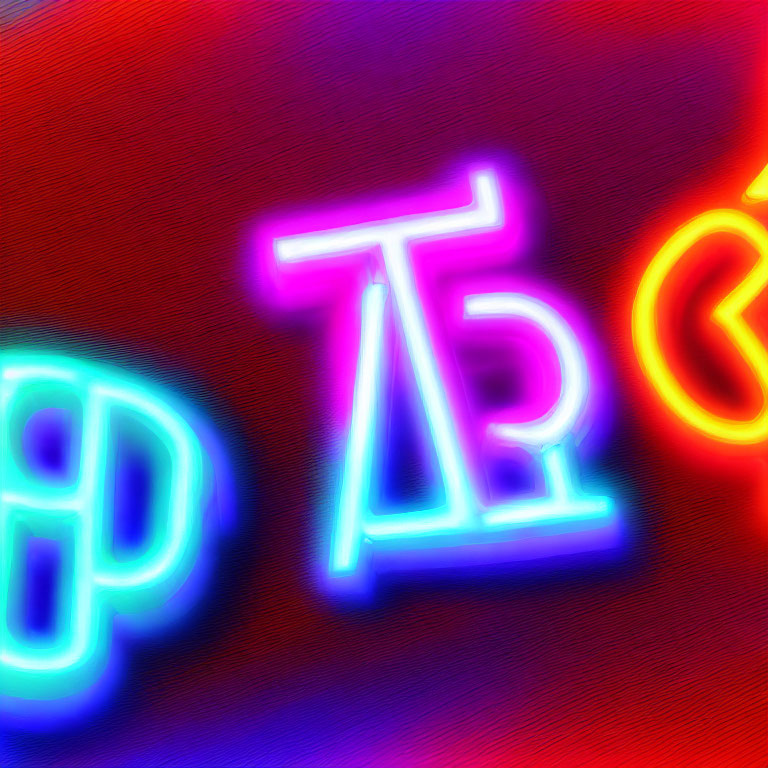Colorful Neon Symbols on Blurred Red and Blue Background