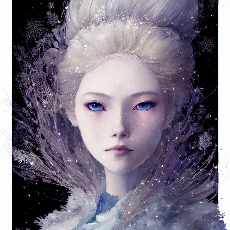 Illustration of person with pale skin, blue eyes, white hair, snowflakes, in win