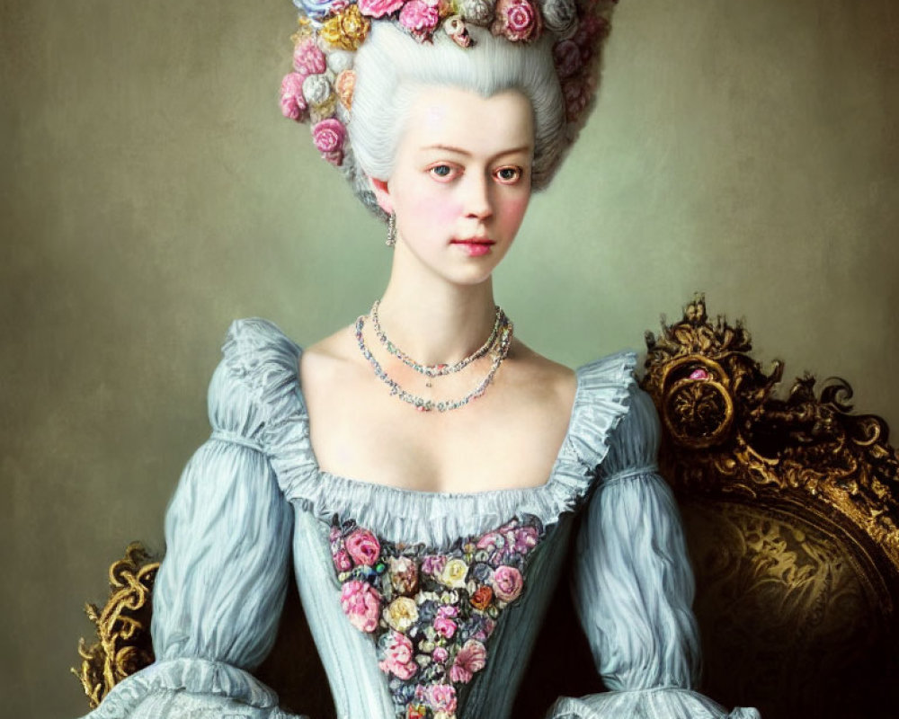 18th-Century Woman Portrait in Ornate Dress & Floral Wig