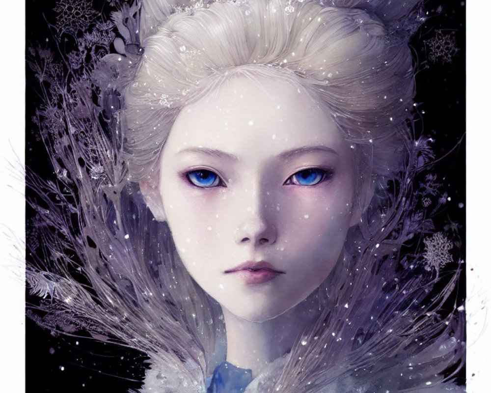Illustration of person with pale skin, blue eyes, white hair, snowflakes, in win
