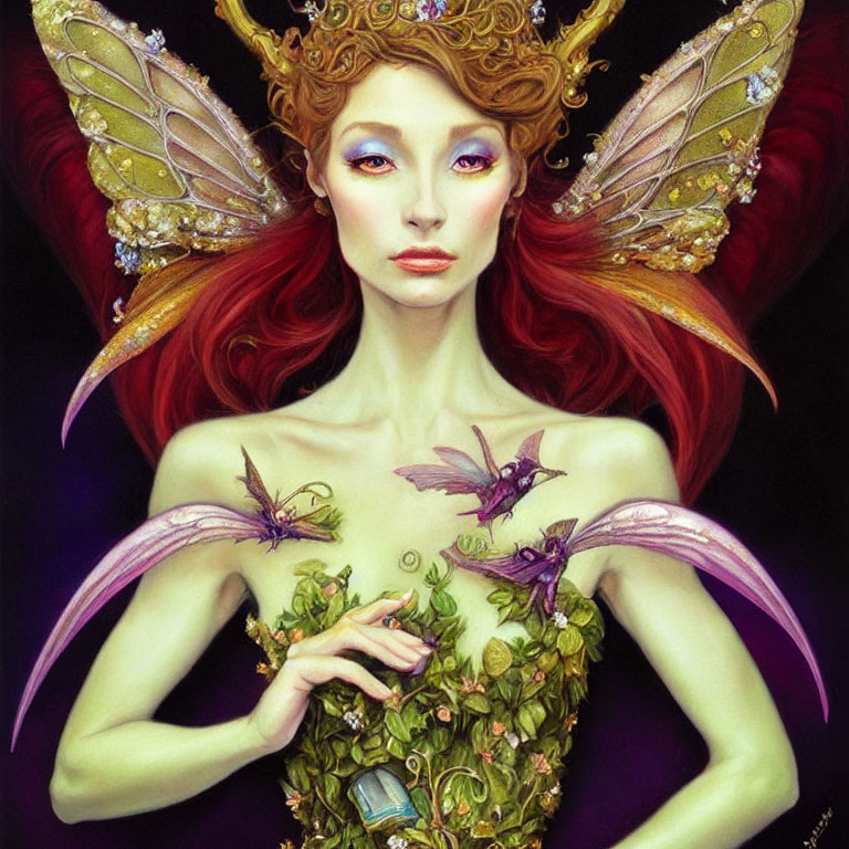 Fantastical fairy with red hair, ornate wings, leaf dress, and purple dragons.