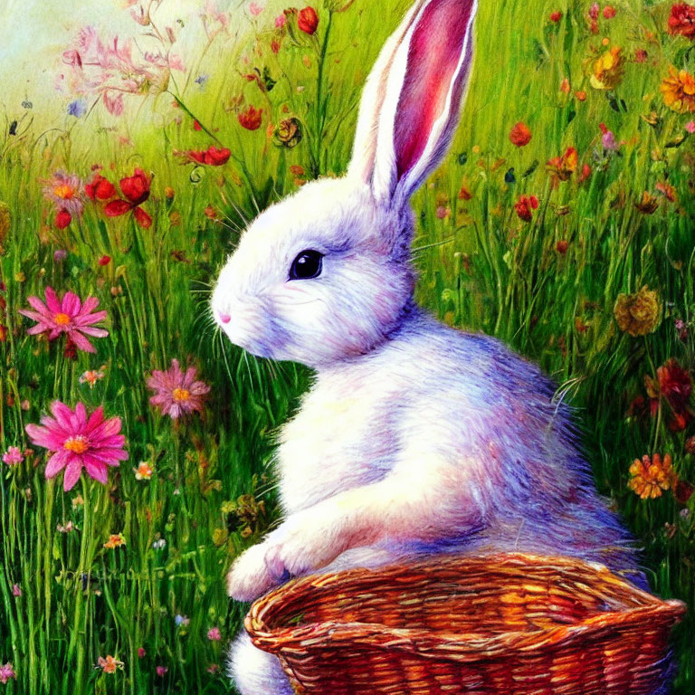 White Rabbit in Wicker Basket Surrounded by Colorful Flowers
