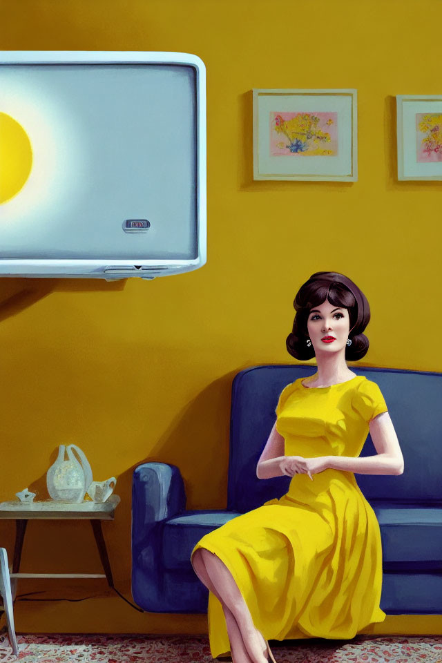 Stylized image of woman in yellow dress on blue couch with TV and minimalist decor