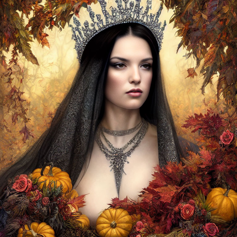 Solemn woman with ornate crown in autumnal setting