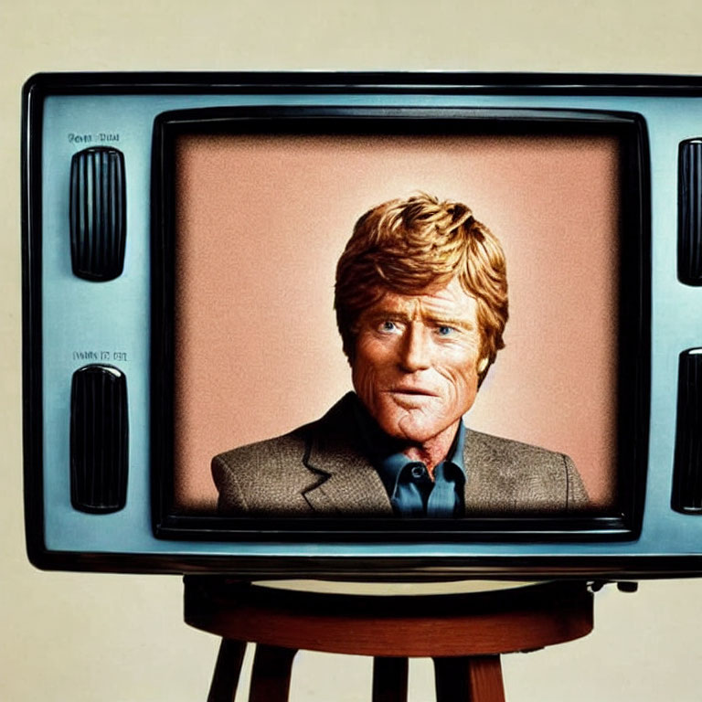 Man with unique hair and eyes in caricature on vintage TV set with dials