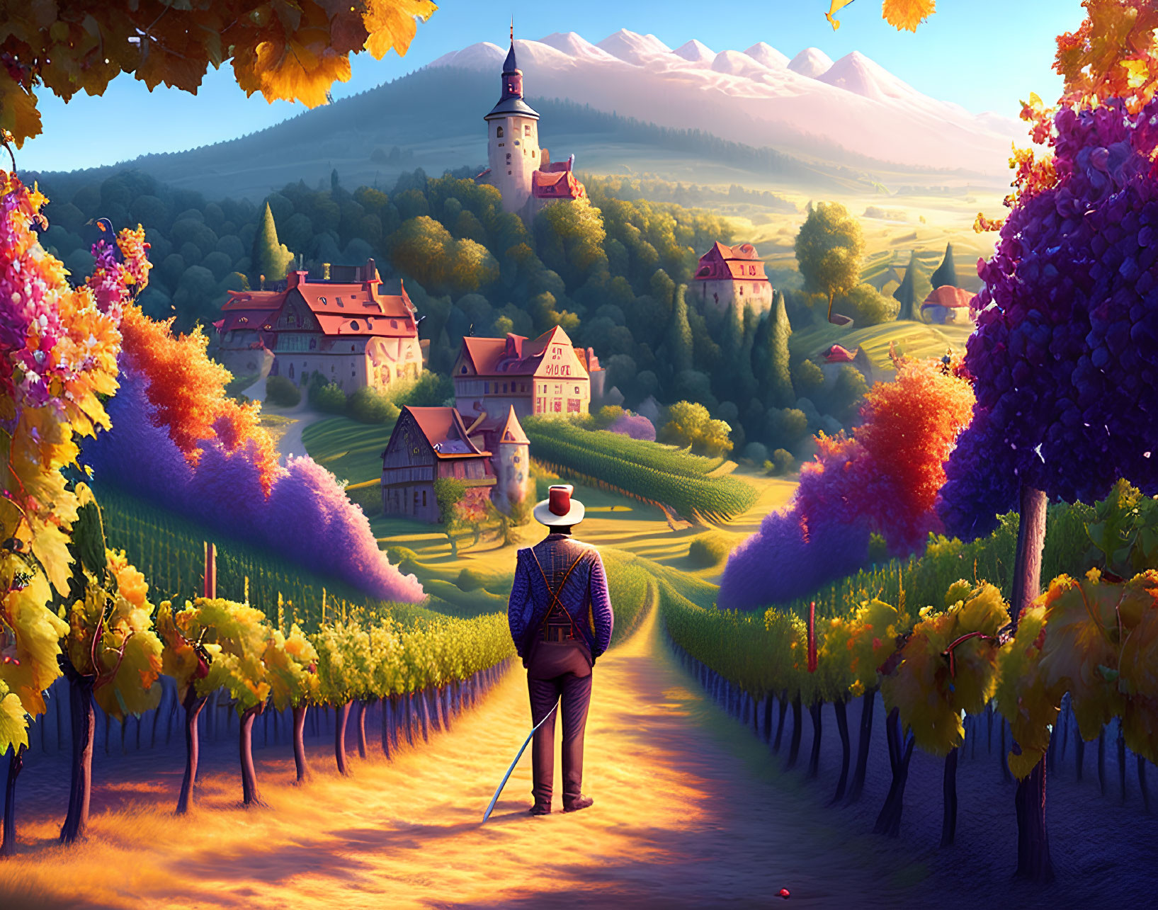 Farmer in vibrant vineyard with village, castles, and mountains.