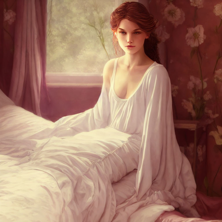 Digital painting of woman with brown hair on bed, draped in white linens, floral background & soft