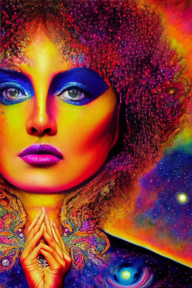 Colorful Psychedelic Makeup on Woman in Meditative Pose