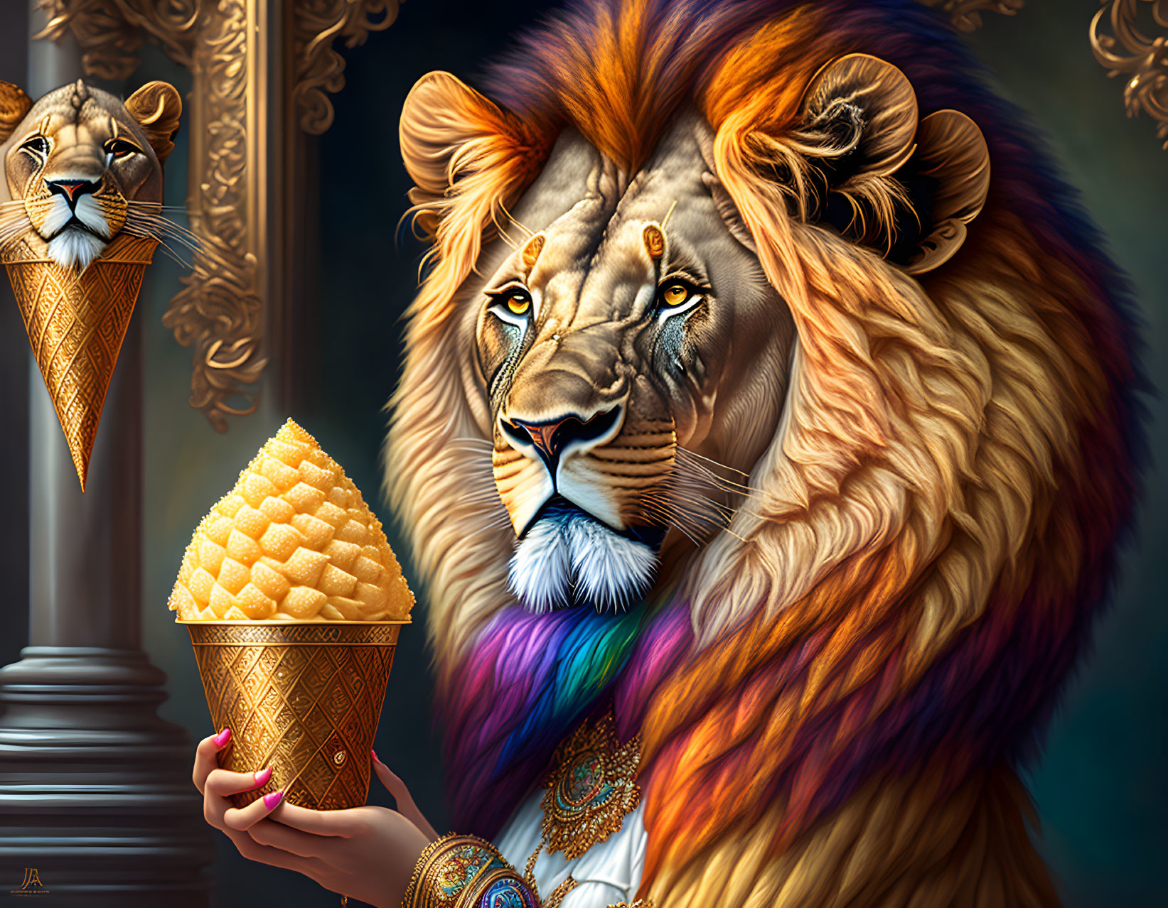 Colorful lion with rainbow mane and golden waffle cone amidst baroque decor and lion sculpture.