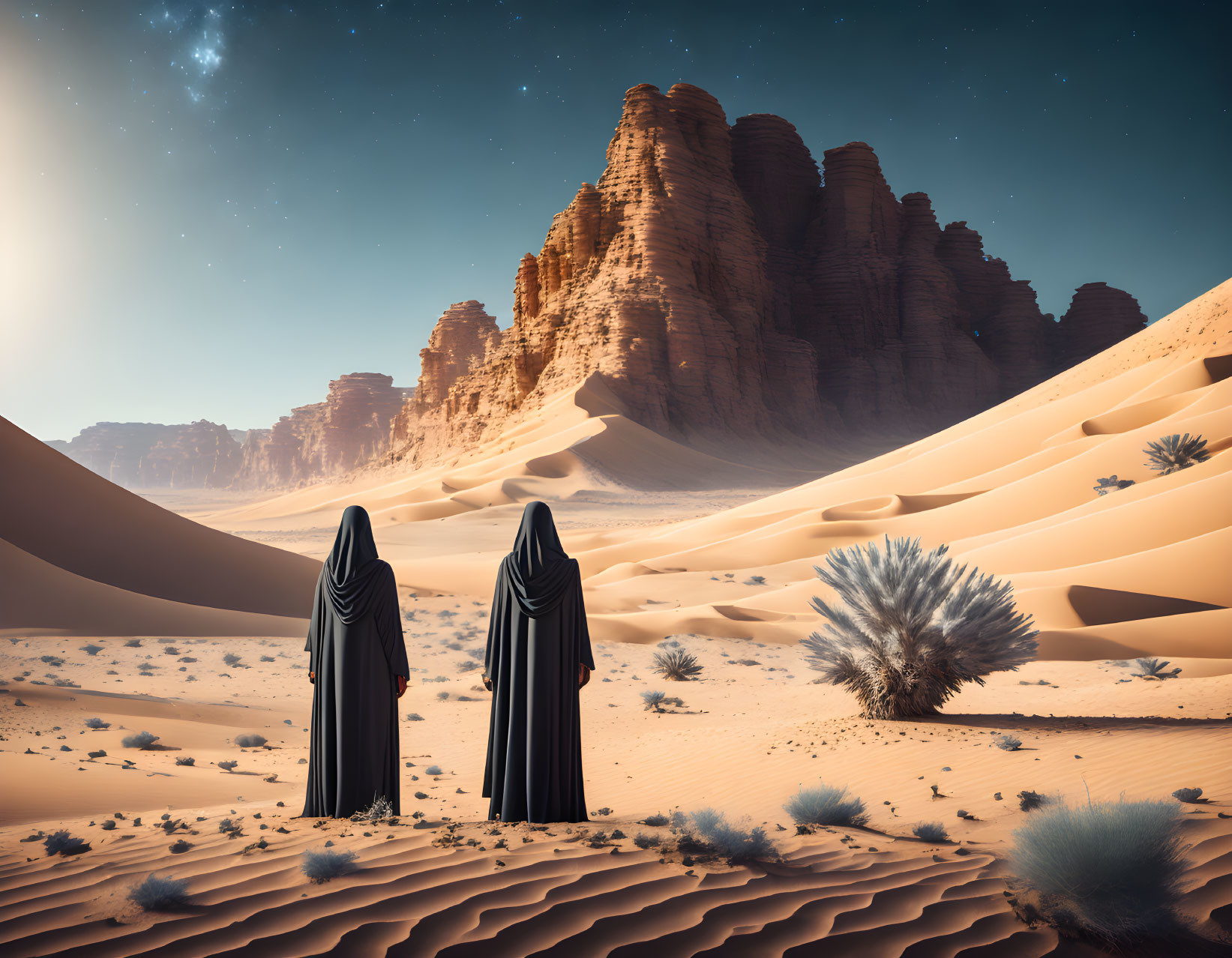 Two Black Figures in Desert Dunes Under Starry Sky