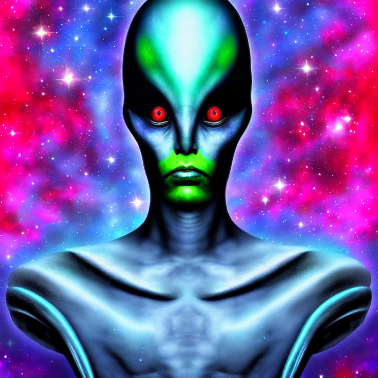 Colorful Alien Art with Glowing Red Eyes & Green Skin