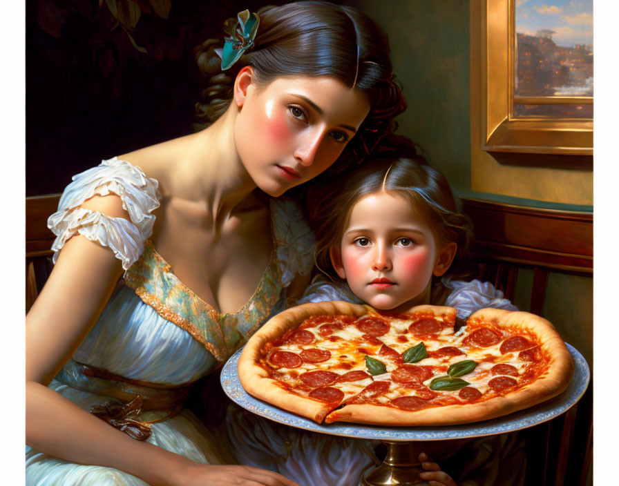 Classical painting of two girls with a large pepperoni pizza