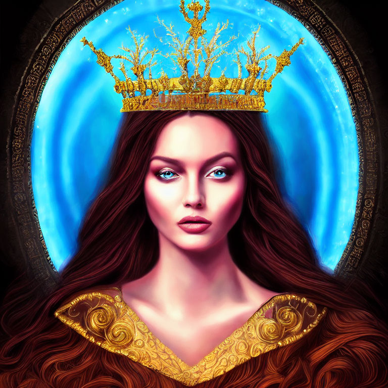 Regal woman with long brown hair in golden crown and blue dress.