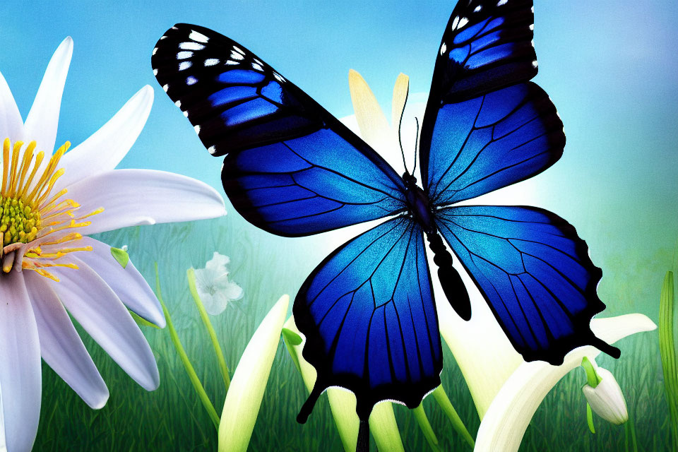 Blue butterfly with black markings on white flower against green backdrop