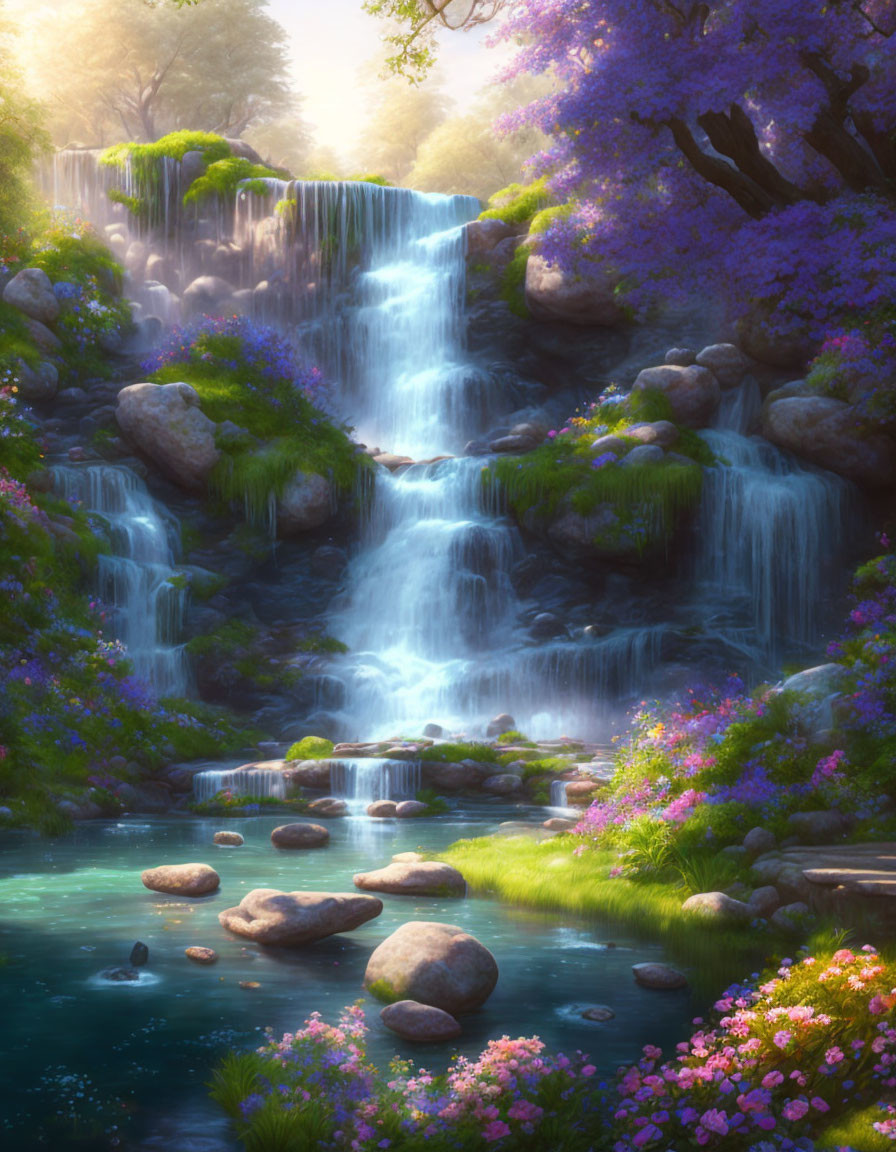 Tranquil waterfall flowing into serene pond amidst lush greenery