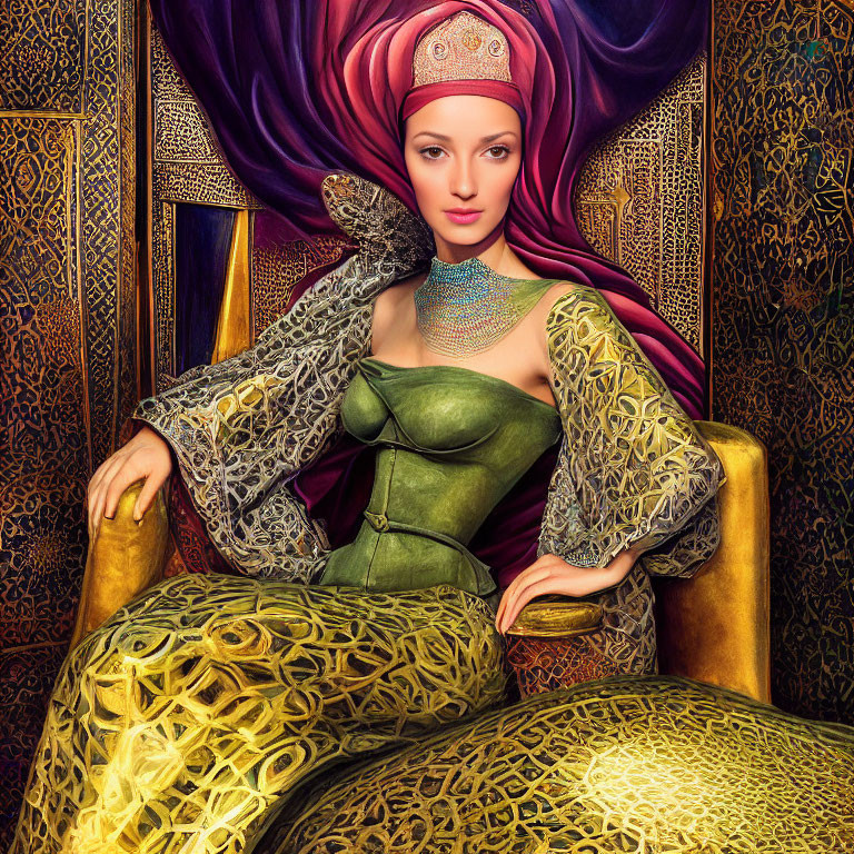 Regal woman in green corseted dress on throne with gold sleeves and red headpiece