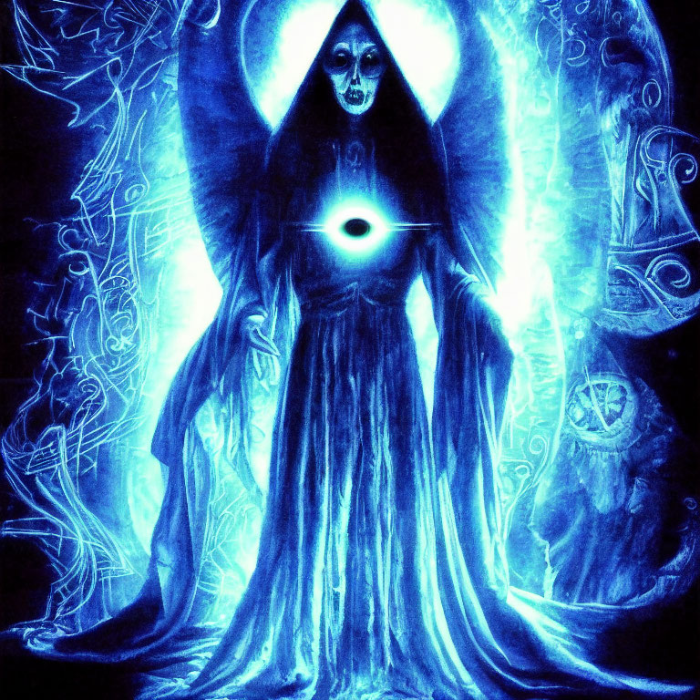 Blue-toned artwork of a mystical figure resembling death with a skull face holding a glowing orb