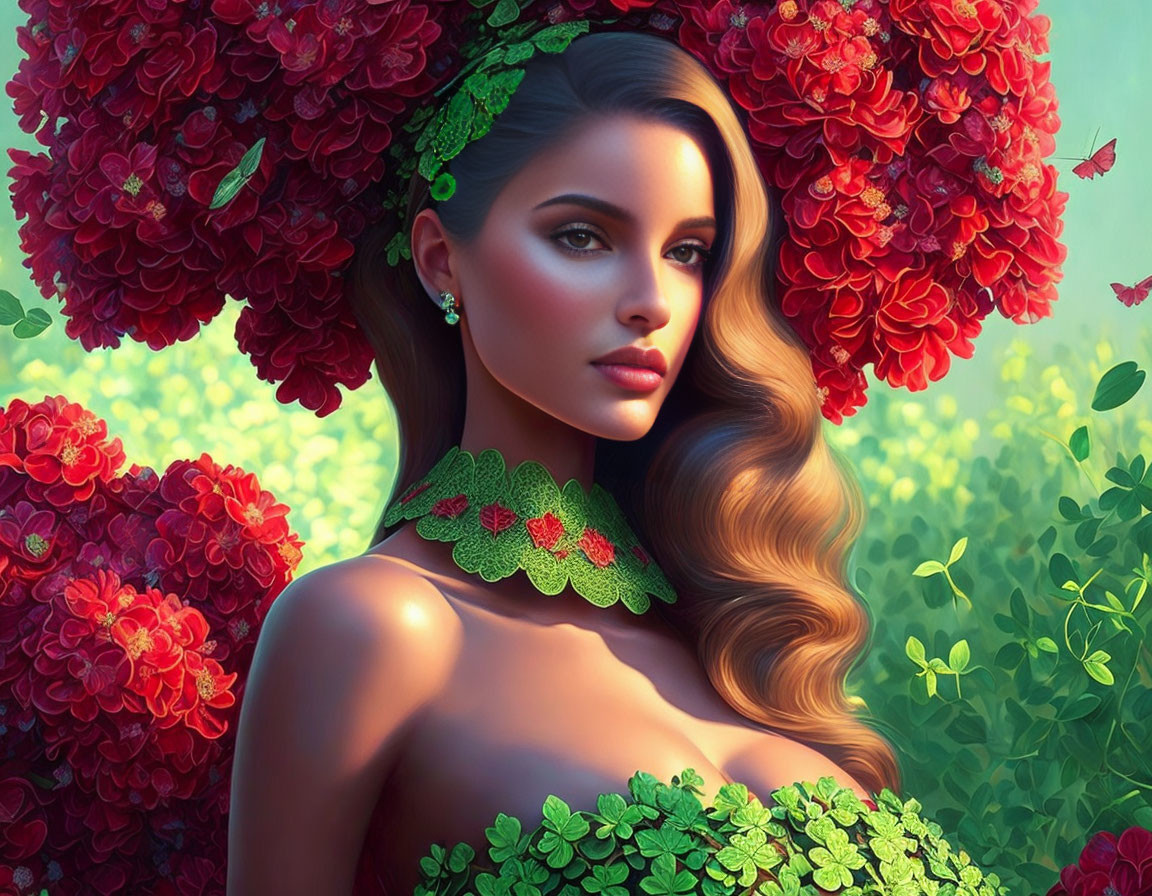 Woman with floral headdress and lush greenery, surrounded by vibrant red flowers.