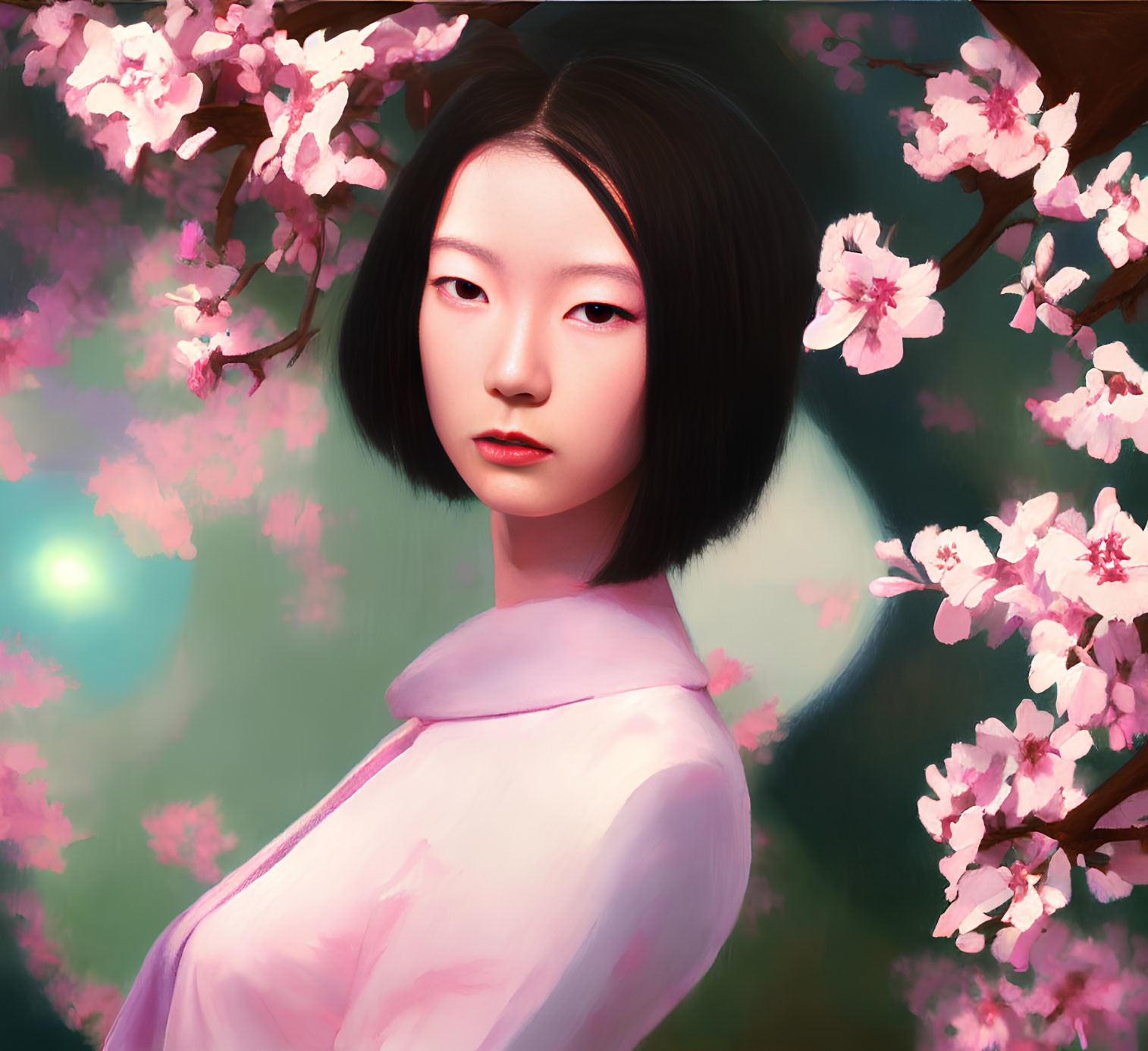 Young woman portrait with serene expression among pink cherry blossoms